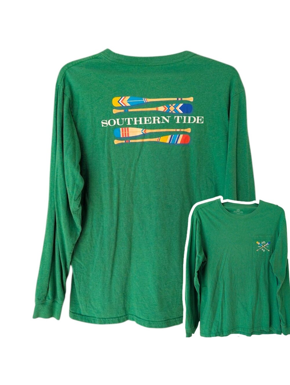 Southern Tide Long Sleeve T-Shirt Mens Large Green Boat Oars Pocket Tee 22x28.5